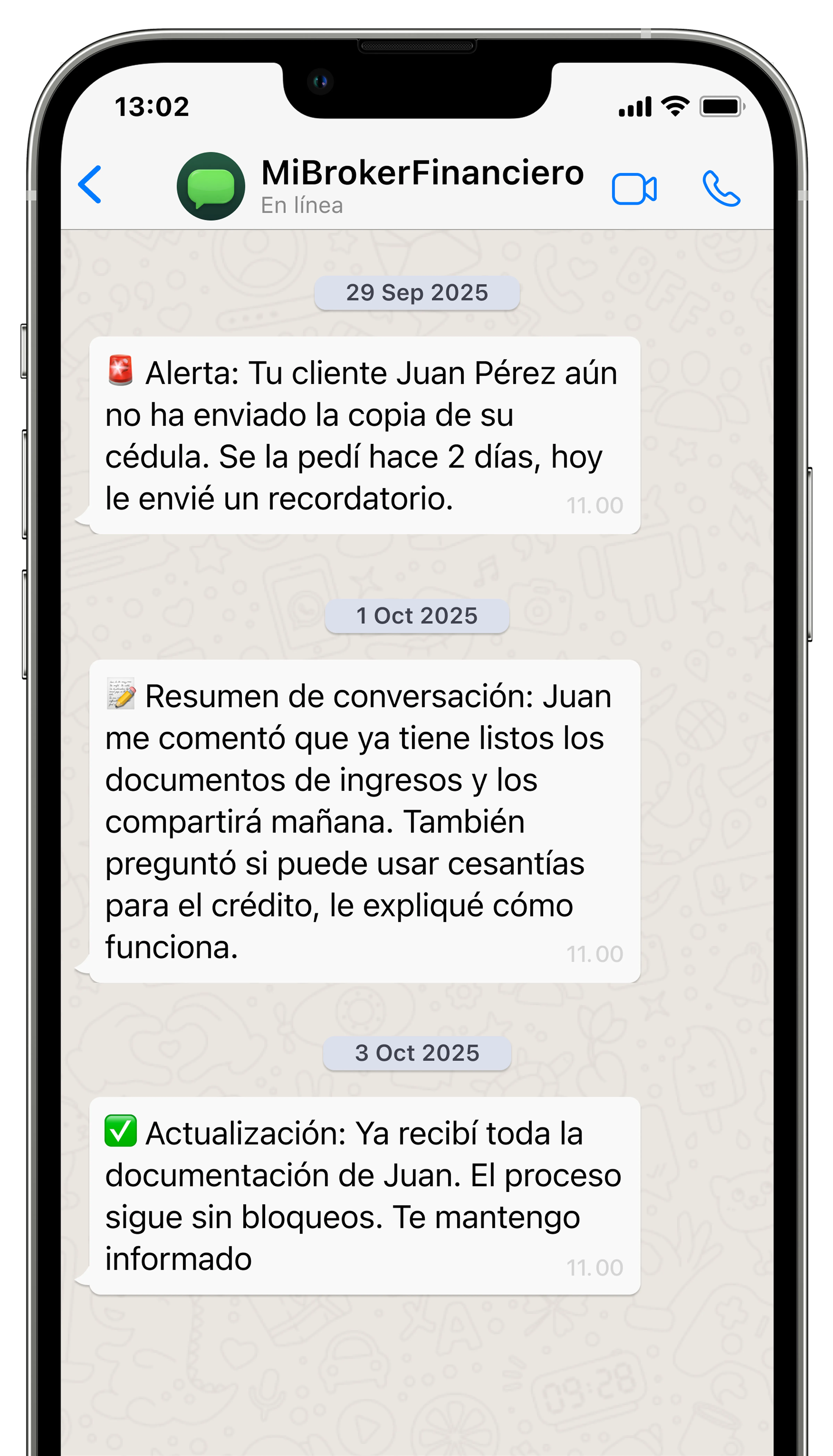 Ejemplo de conversación automatizada entre el asistente y el broker